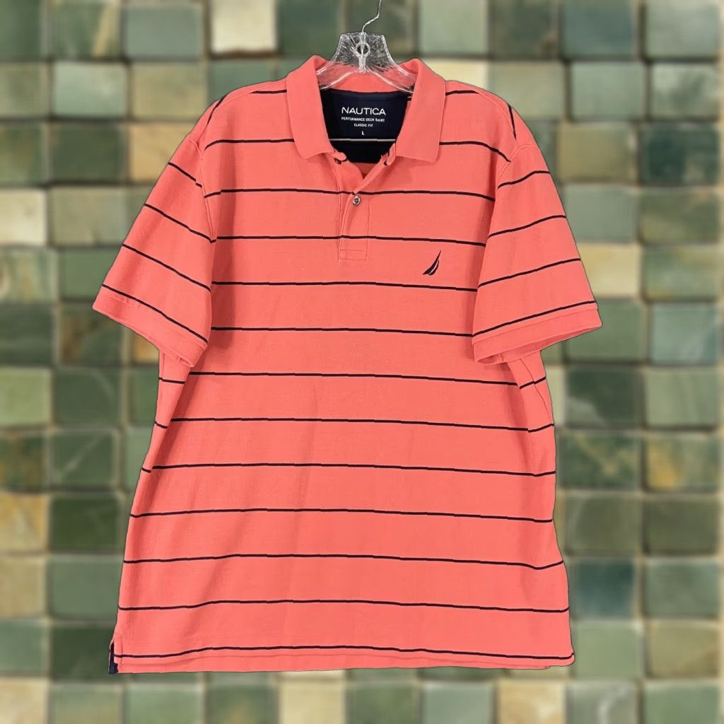Nautica VINTAGE Nautica Polo Shirt Men’s L Short Sleeve Pink Blue Striped Deck Performance Size US L / EU 52-54 / 3 - 1 Thumbnail