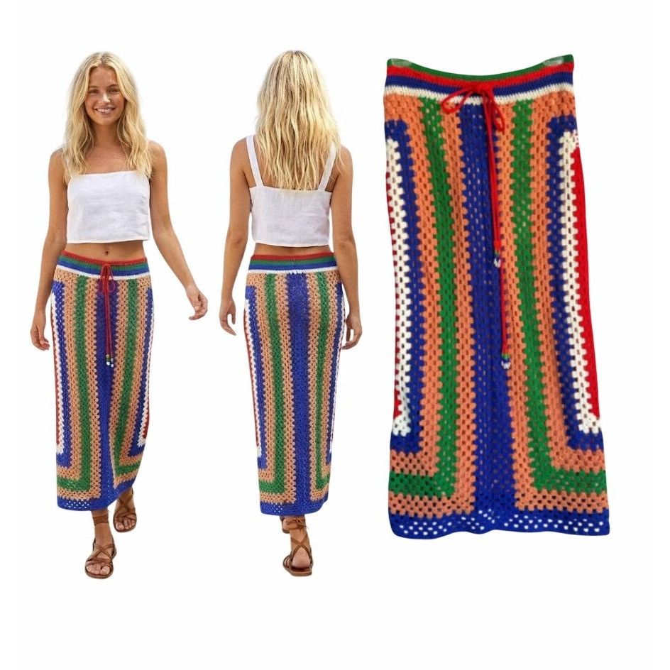 Farm Rio Farm Rio Multicolor Crochet Maxi Skirt Medium Vertical Strip Size 29" - 1 Thumbnail