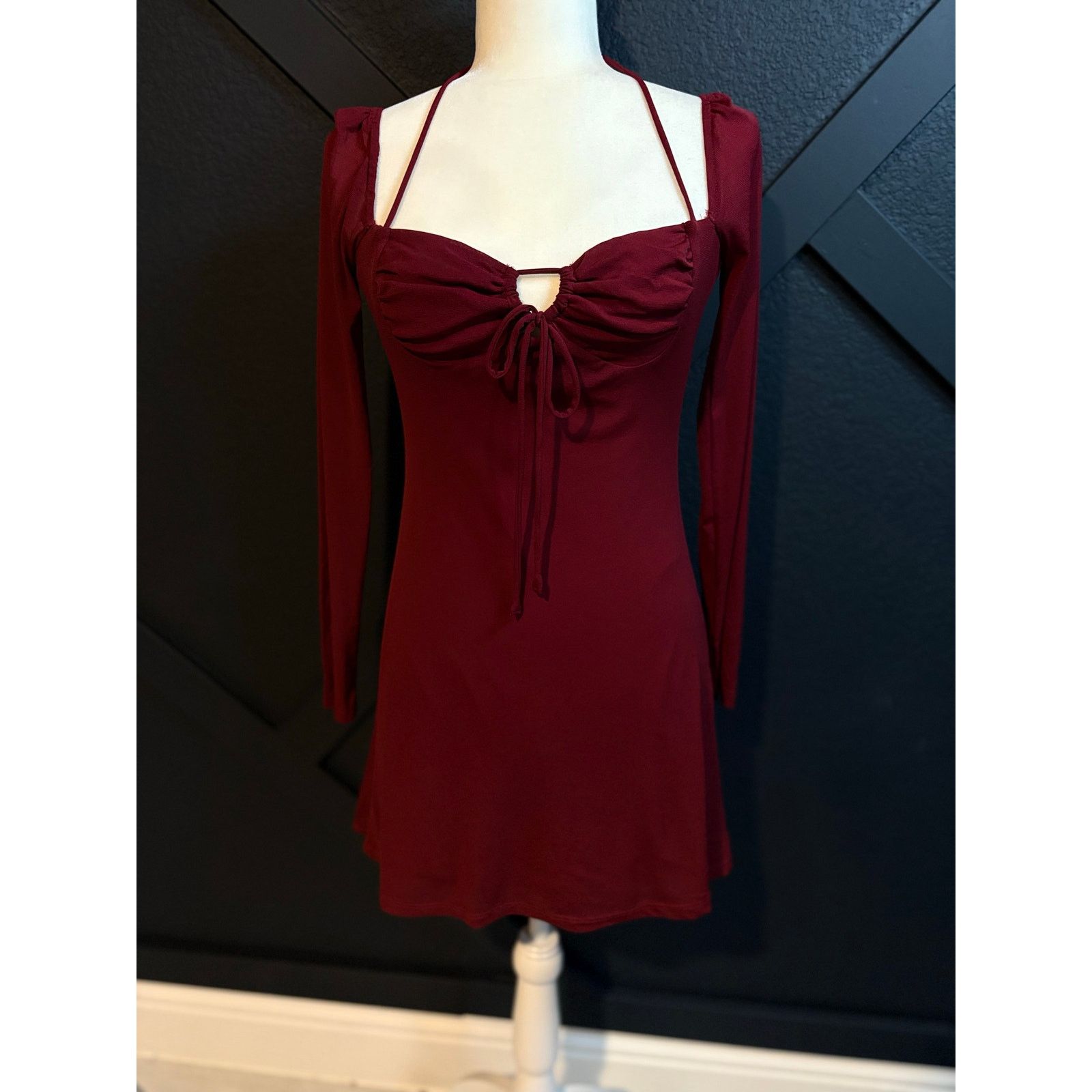 PRINCESS POLLY Princess Polly Maroon Mini Dress Ruched Tie Size 4 #0481 Size S / US 4 / IT 40 - 2 Thumbnail