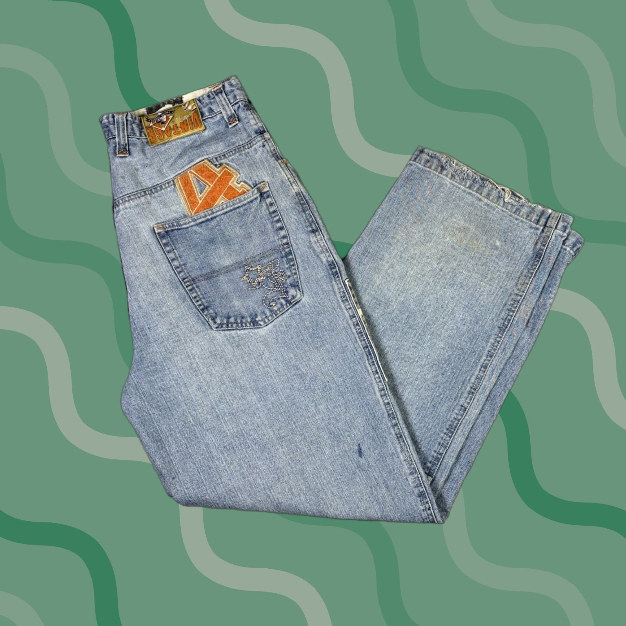 Denime VINTAGE First Team Jeans Patchwork Baseball Y2K Baggy Wide Leg Denim Adult 36x32 Blue Cotton Denim 80s Mens Jeans Size US 36 / EU 52 - 1 Thumbnail
