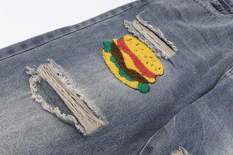 Jean Street-style retro burger fries embroidered ripped jeans Size US 32 / EU 48 - 5 Thumbnail