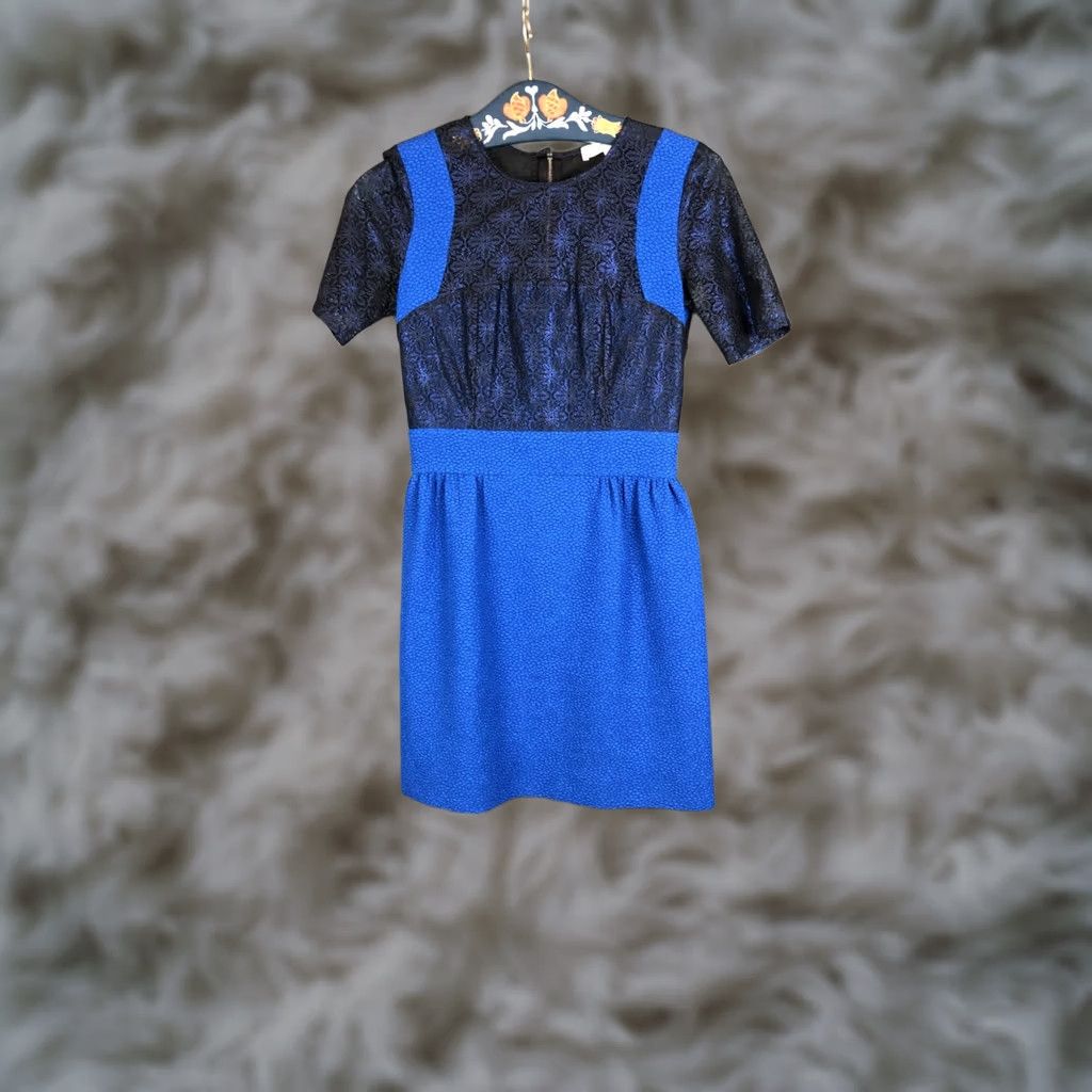Sandro Sandro Women's Short Sleeve Mini Dress Size 1 Blue & Black Lace Panel Spandex Size 25" / US 0 / IT 36 - 1 Thumbnail