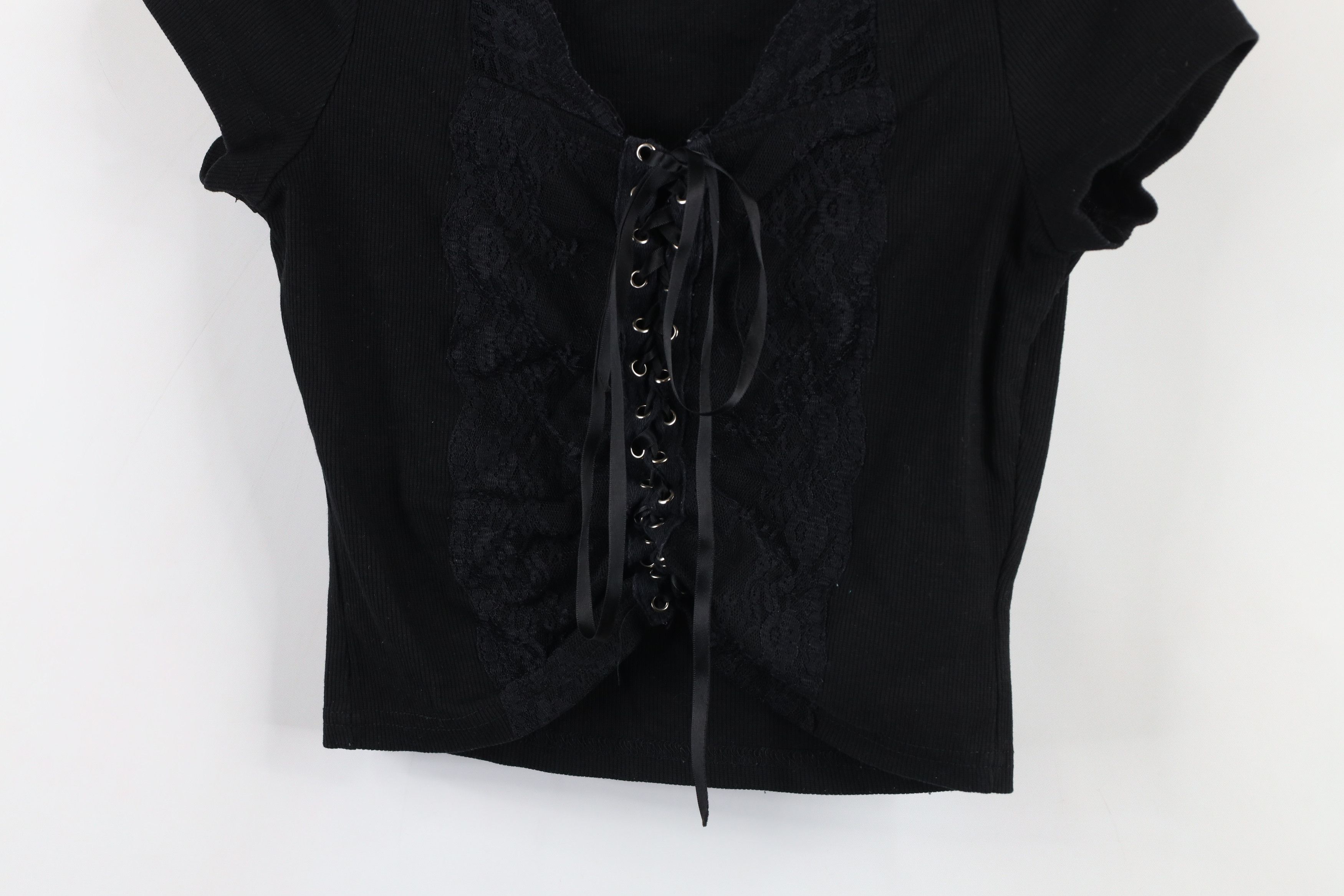 Vintage Vintage 90s Y2K Babydoll Ribbed Lace Tie Bella T-Shirt Black Size L / US 10 / IT 46 - 3 Thumbnail