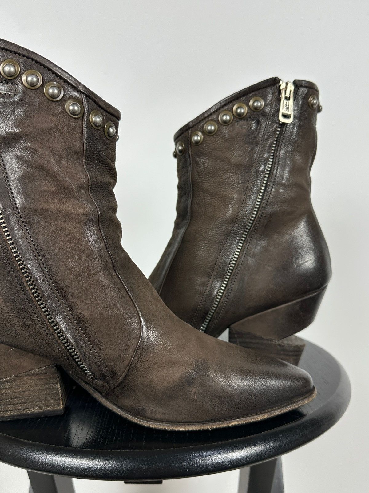 A.S.98 A.S.98. Brown Leather Biker Zip Studded Ankle Boots Size US 8 / IT 38 - 18 Thumbnail