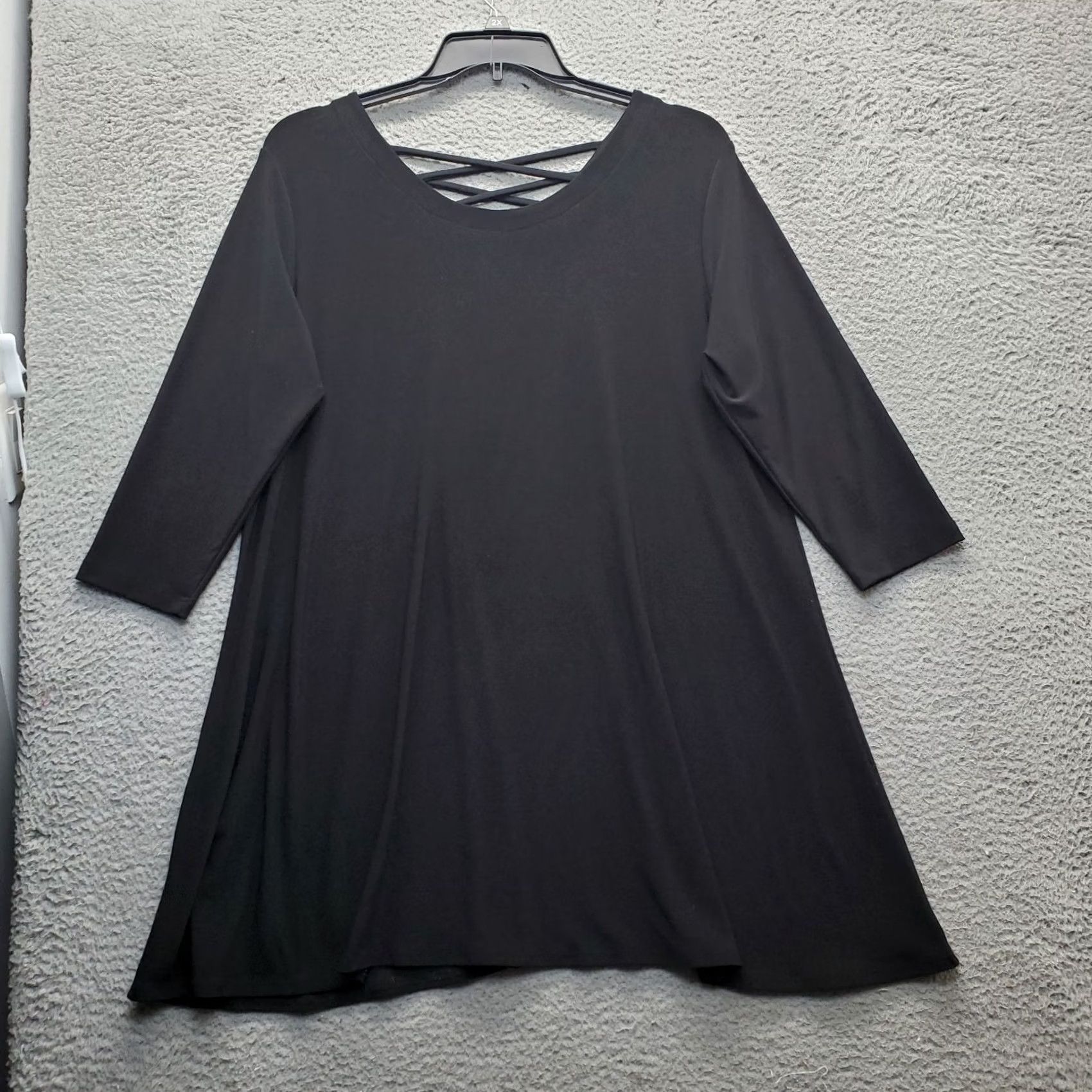 Vintage Sympli A-Line Dress Womens 16 Black Stretch 3/4 Sleeve Criss-Cross Strap Neck Dress Size XXL / US 16-18 / IT 52-54 - 2 Thumbnail