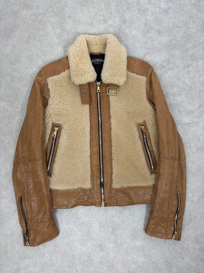 Balmain 2010s Balmain Beige & Brown Shearling Biker Leather Jacket Size US S / EU 44-46 / 1 - 3 Thumbnail