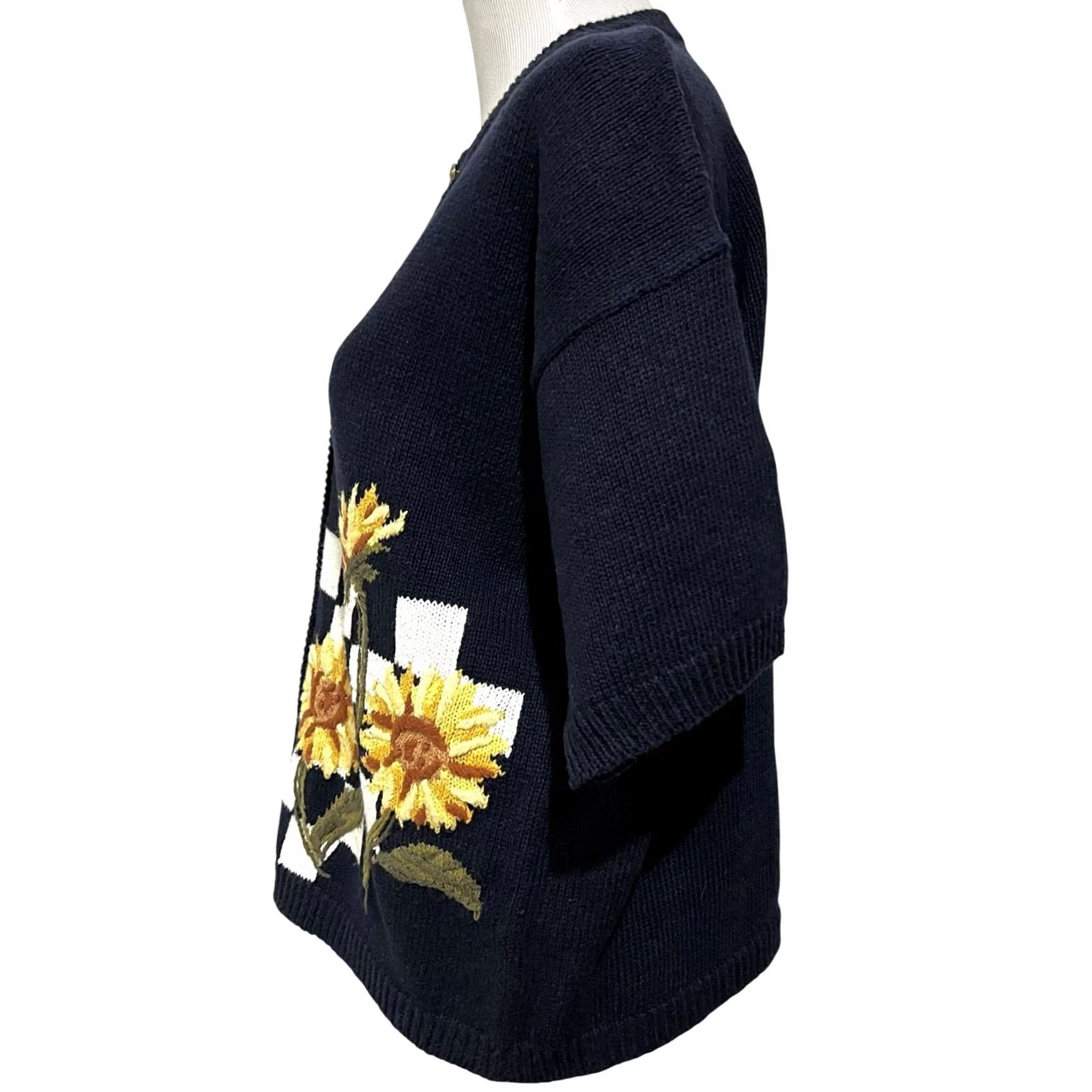 LE CIEL BLEU VINTAGE Sunflowers Navy Blue Gold Buttons Cardigan Sweater 90s Women’s Large L Crew Neck Floral Short Sleeve Size L / US 10 / IT 46 - 6 Thumbnail