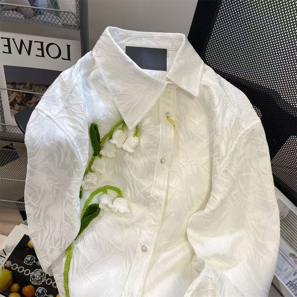 Vintage White Lily of the Valley Embroidered Jacquard Button-Up Size US M / EU 48-50 / 2 - 2 Thumbnail