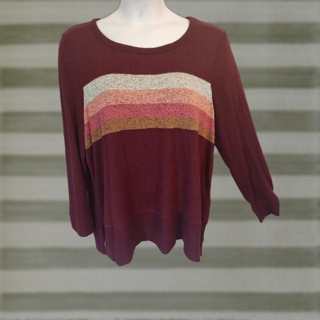 Pinko Sonoma Burgundy Pink Striped Stretch Sweater Top 2X Womens Pullover Round Neck Long Sleeve Casual Travel Knit Size XXL / US 16-18 / IT 52-54 - 1 Thumbnail