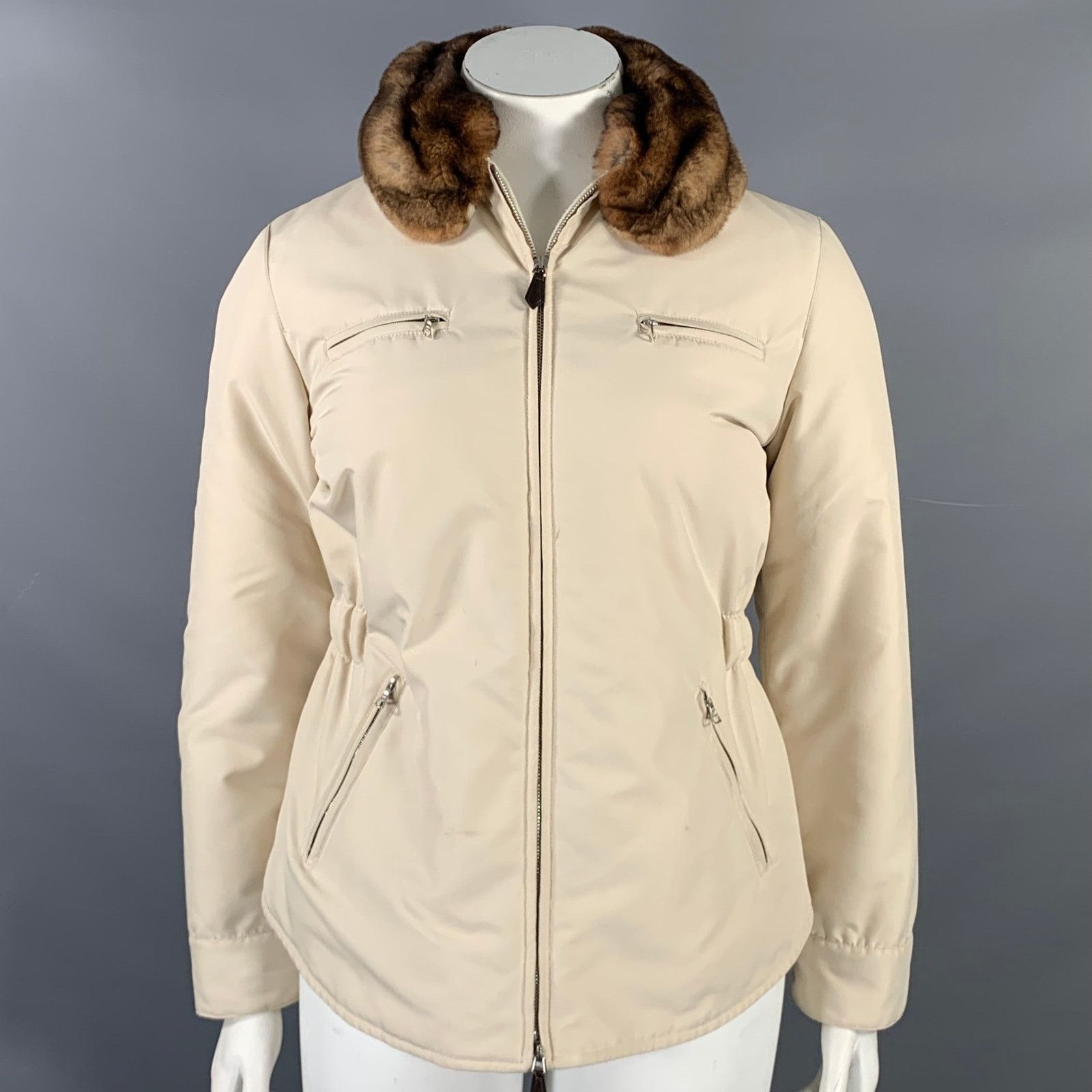 Agnona AGNONA 10 Cream Polyester Removable Fur Collar Zip Up Jacket Size L / US 10 / IT 46 - 1 Thumbnail