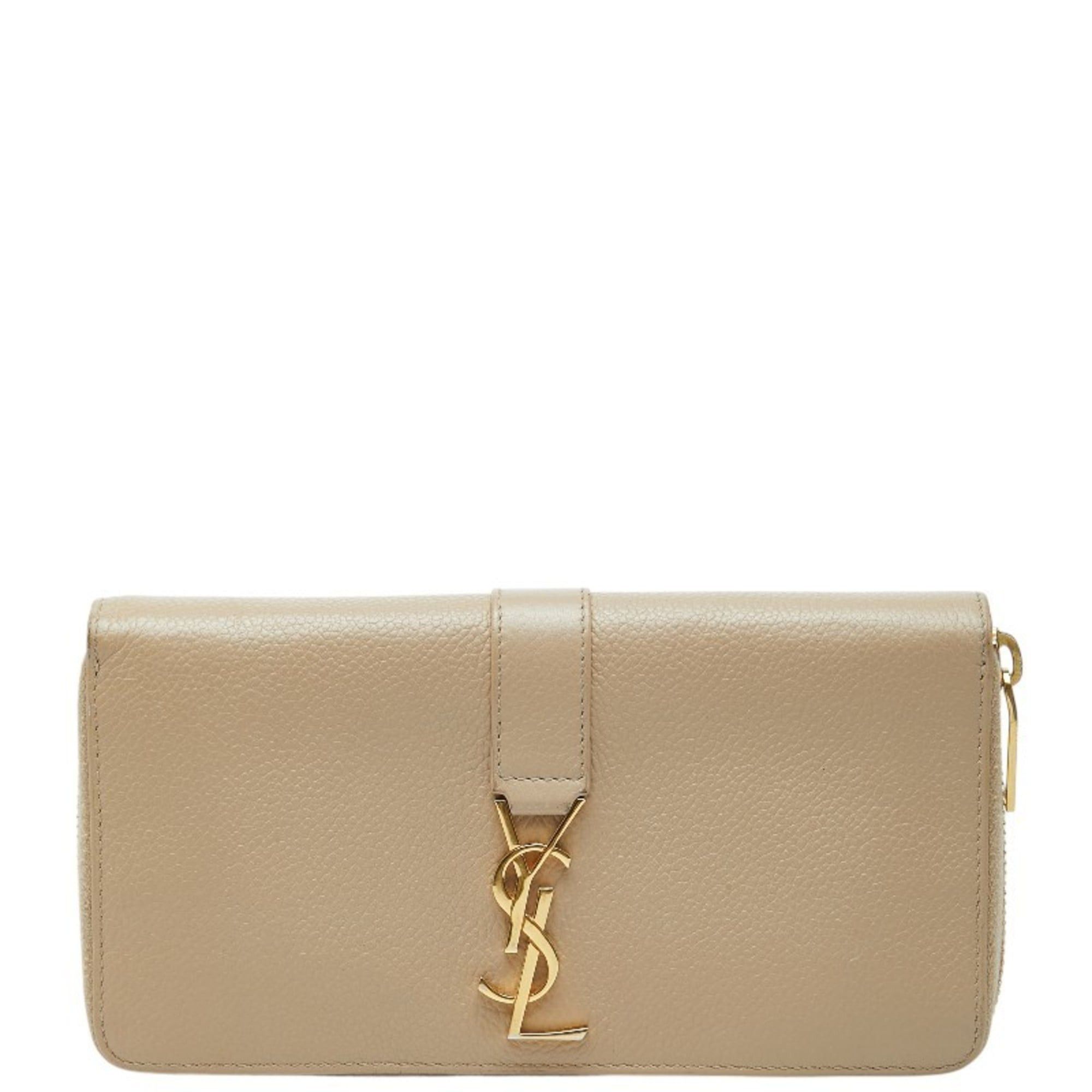 Saint Laurent YSL Logo Round Zip Wallet 414570 Beige Leather Women's SAINT LAURENT