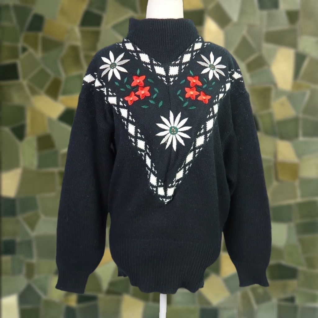 Vintage VINTAGE Carriage Court Sweater S Black Daisy Floral Embroidered 80s Size S / US 4 / IT 40 - 1 Thumbnail