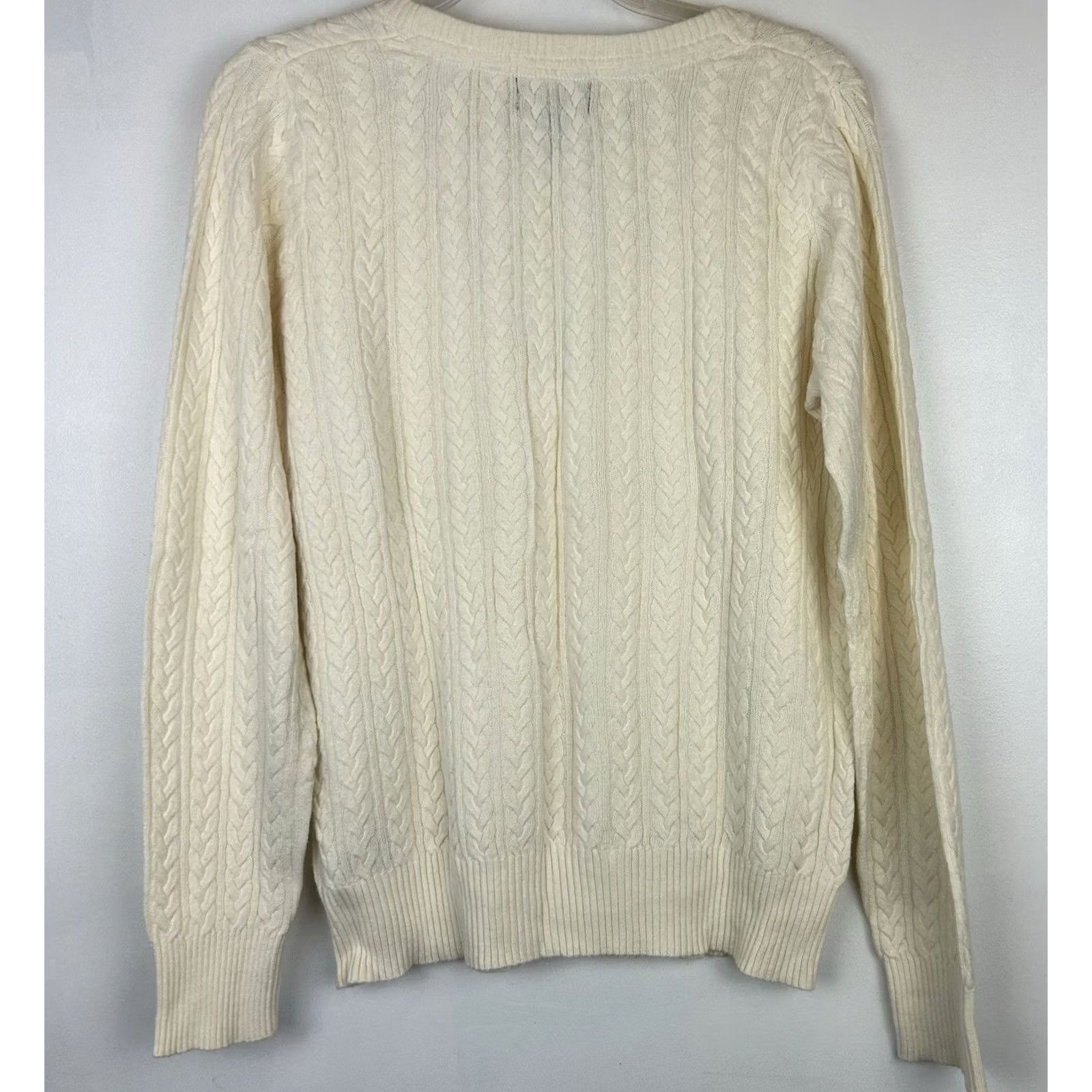 Eddie Bauer Eddie Bauer Sweater Womens M Ivory Cable Knit Ruffle Neckline V-Neck Long Sleeve Pullover Casual Knit Classic Fit Size M / US 6-8 / IT 42-44 - 2 Thumbnail