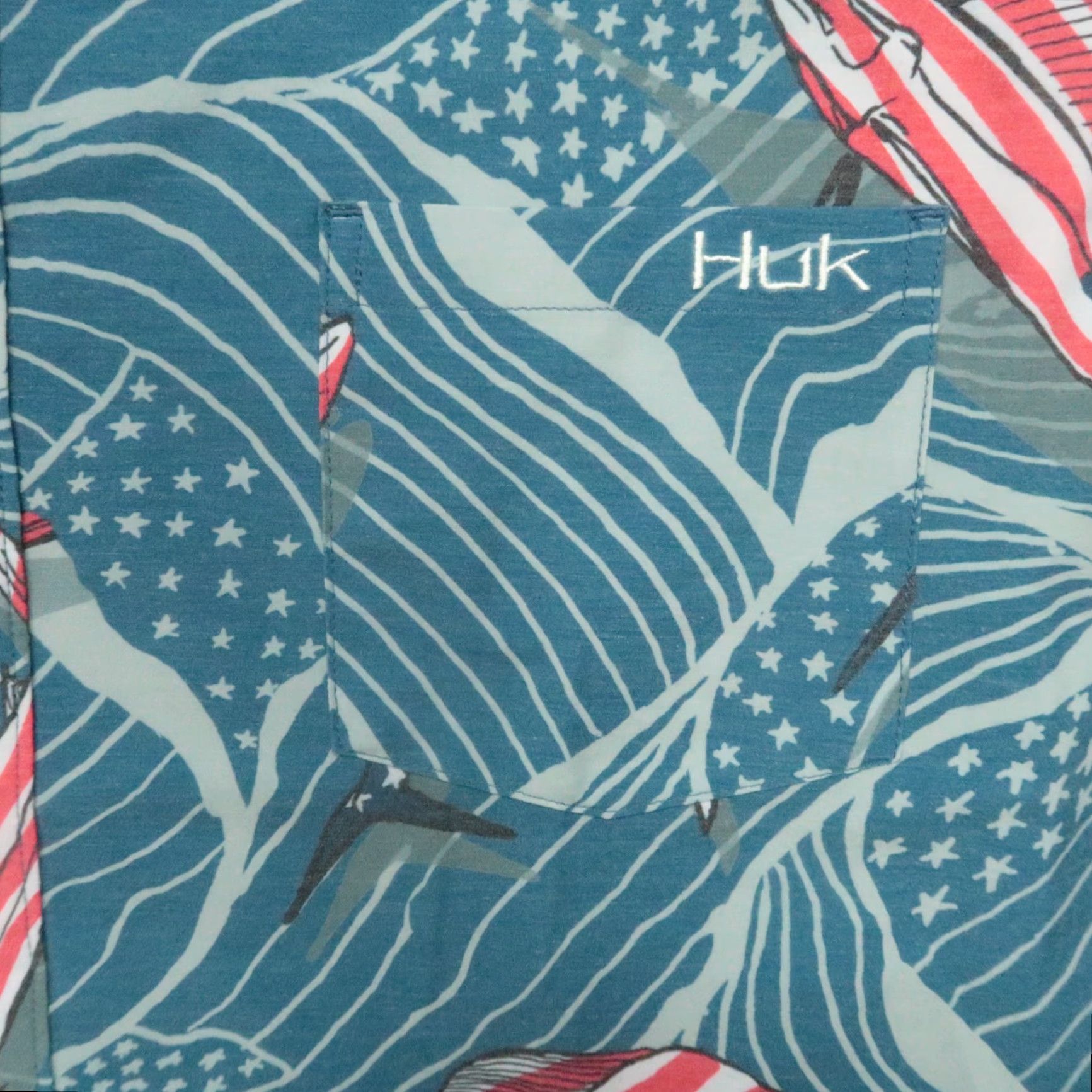 Vintage Huk Shirt Blue Gray American Flag Swordfish Short Sleeve Button Fishing 2XL Size US S / EU 44-46 / 1 - 4 Thumbnail