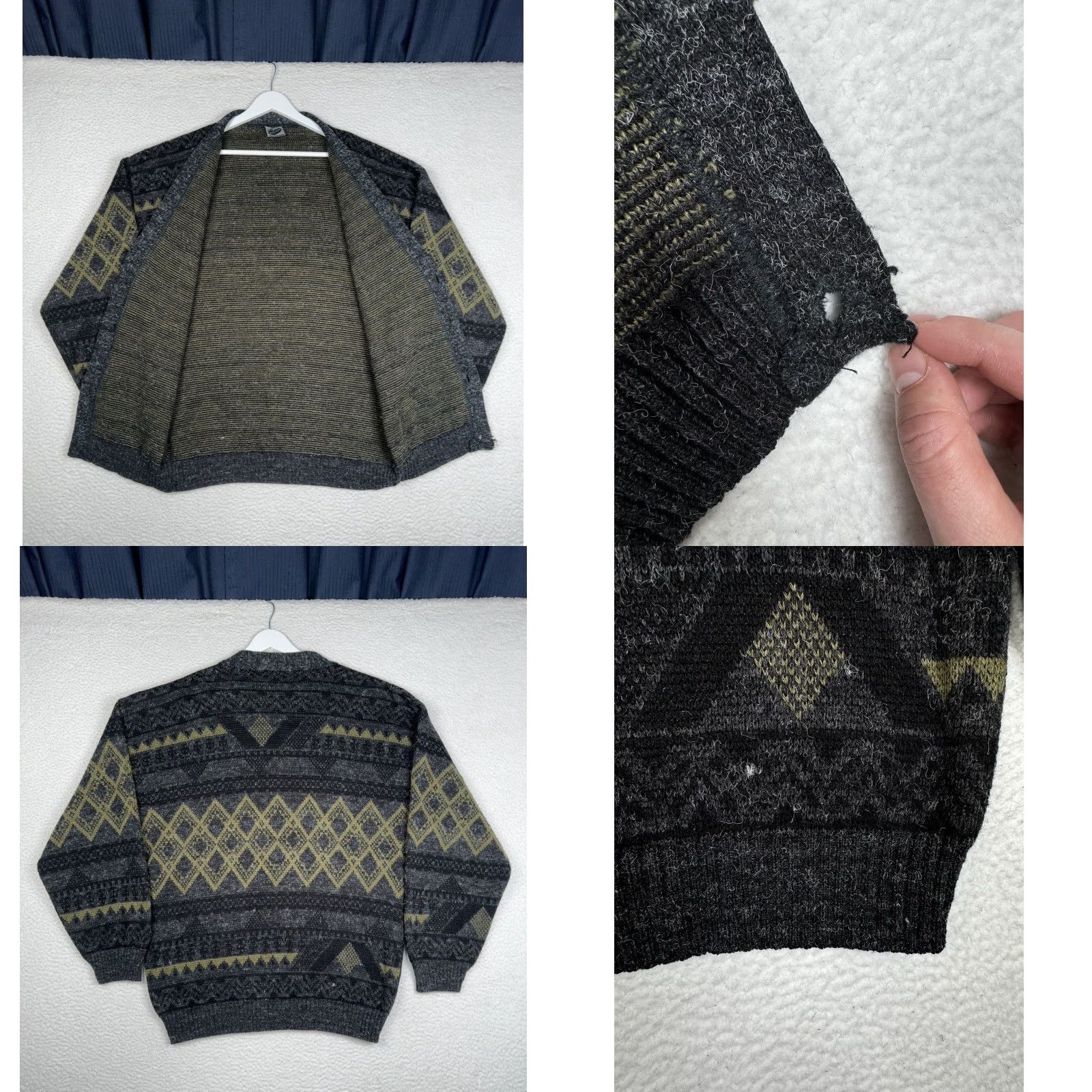 Vintage VINTAGE D'Laurent's Cardigan Sweater Men L Acrylic Pattern Grandpa Gray Green - Mens - Sweater - Cardigan - Large - Gray - Acrylic - Vintage - 90s Size US L / EU 52-54 / 3 - 8 Thumbnail
