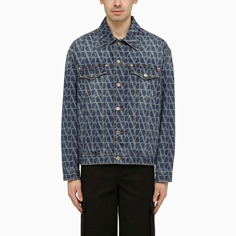 image of Valentino Denim Jacket With Toile Iconographe Motif in Blue, Men's (Size Medium)