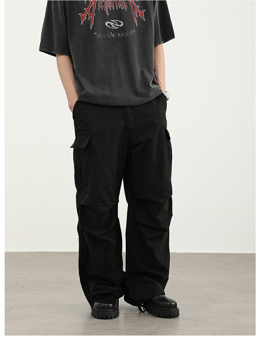 military utility flared pleated baggy cargo pants