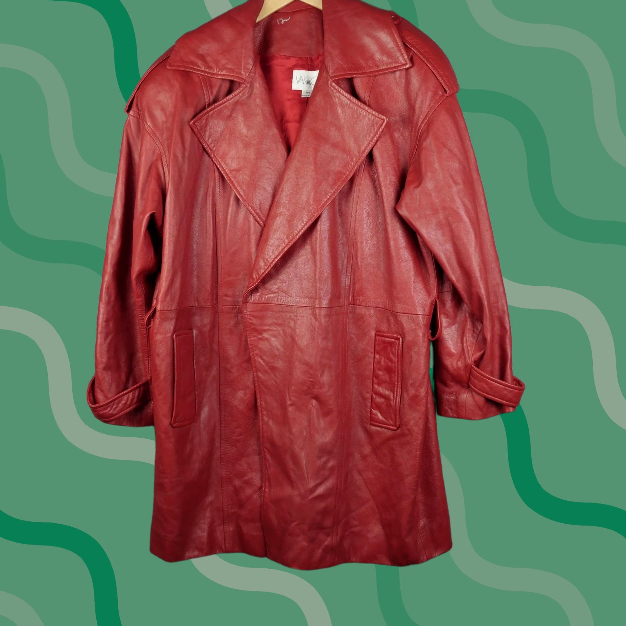 Epaulet VINTAGE Vakko Coat Womens Medium Red Leather Trench Epaulets Pockets Made USA Size M / US 6-8 / IT 42-44 - 1 Thumbnail