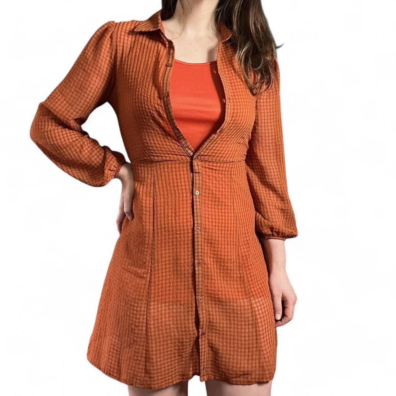 Vintage Plaid Orange Gingham Womens Small Sheer Midi Dress with Slip Size S / US 4 / IT 40 - 1 Thumbnail