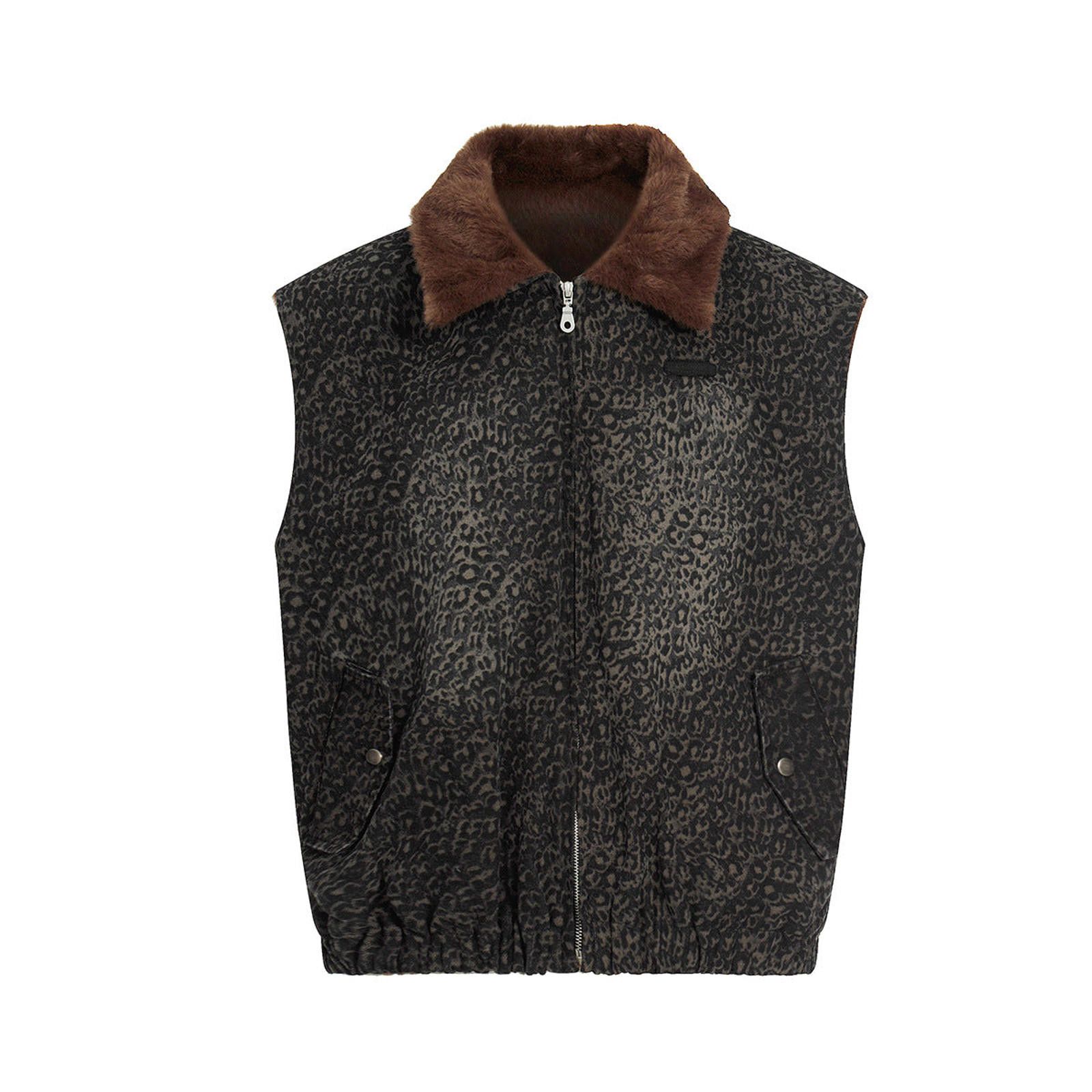 Japanese Brand Brown Faux Fur Collar Leopard Print Vest, Zip-Up Vest Size US M / EU 48-50 / 2 - 1 Thumbnail
