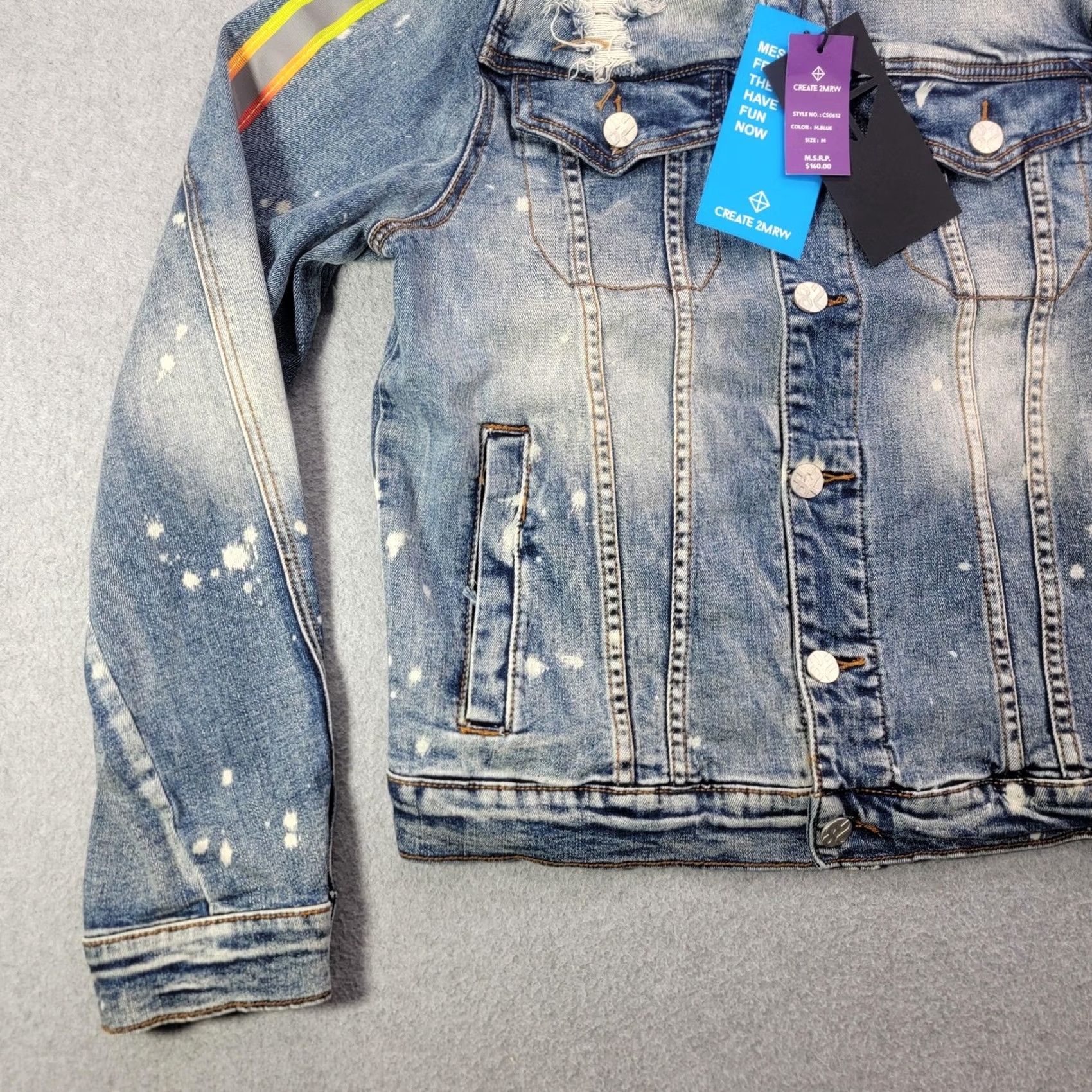 Denime CREATE 2MRW Jacket Mens M Blue Denim Distressed Paint Splatter Reflective CS0612 Size US M / EU 48-50 / 2 - 5 Thumbnail
