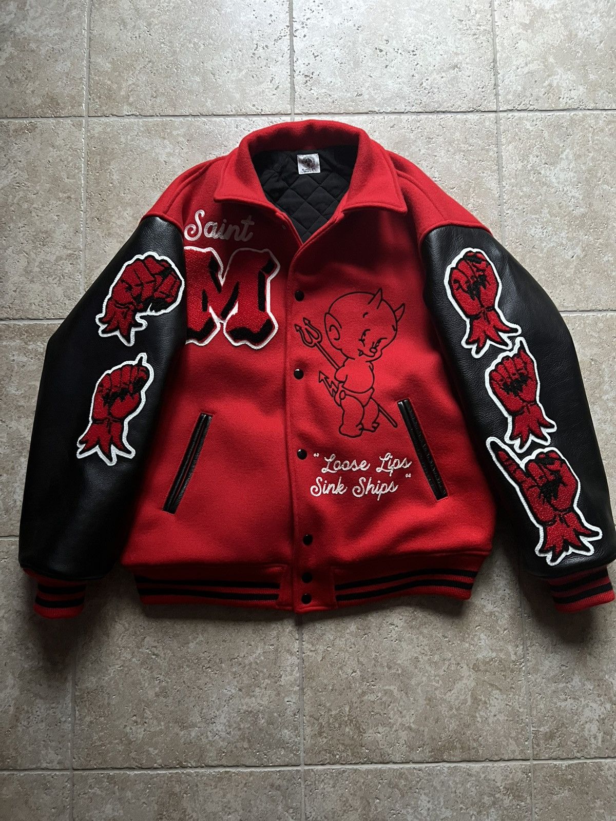 image of Saint Michael Loose Lip Letterman Jacket in Red, Men's (Size XL)