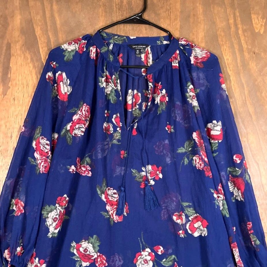 Lucky Brand Lucky Brand Womens Blouse Blue Floral Sheer V-Neck Front Tie Long Sleeve Medium Shirt Womens Blouse Boho Floral Blue 90s? Size M / US 6-8 / IT 42-44 - 2 Thumbnail