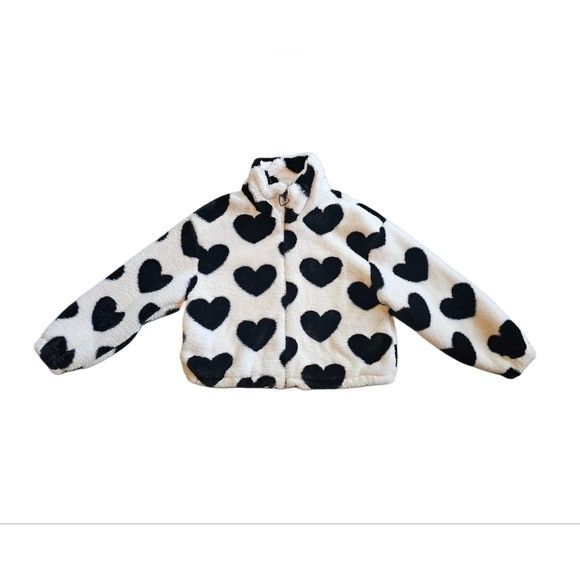 Other Black and White Heart Pattern Fleece Oversized Plush Jacket Size XL / US 12-14 / IT 48-50 - 2 Thumbnail