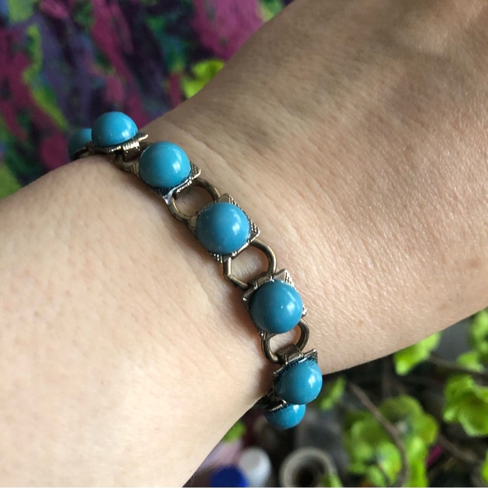 Vintage Vintage 70s turquoise cabochon silver link bracelet Size ONE SIZE - 1 Thumbnail
