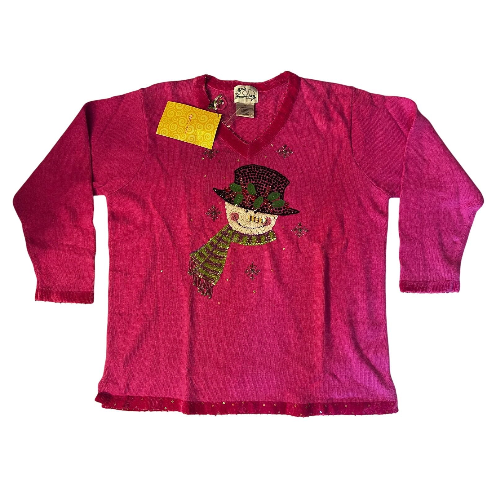 Other Vintage Quacker Factory Pink Snowman V-Neck Sweater - 1X Size XL / US 12-14 / IT 48-50 - 1 Thumbnail