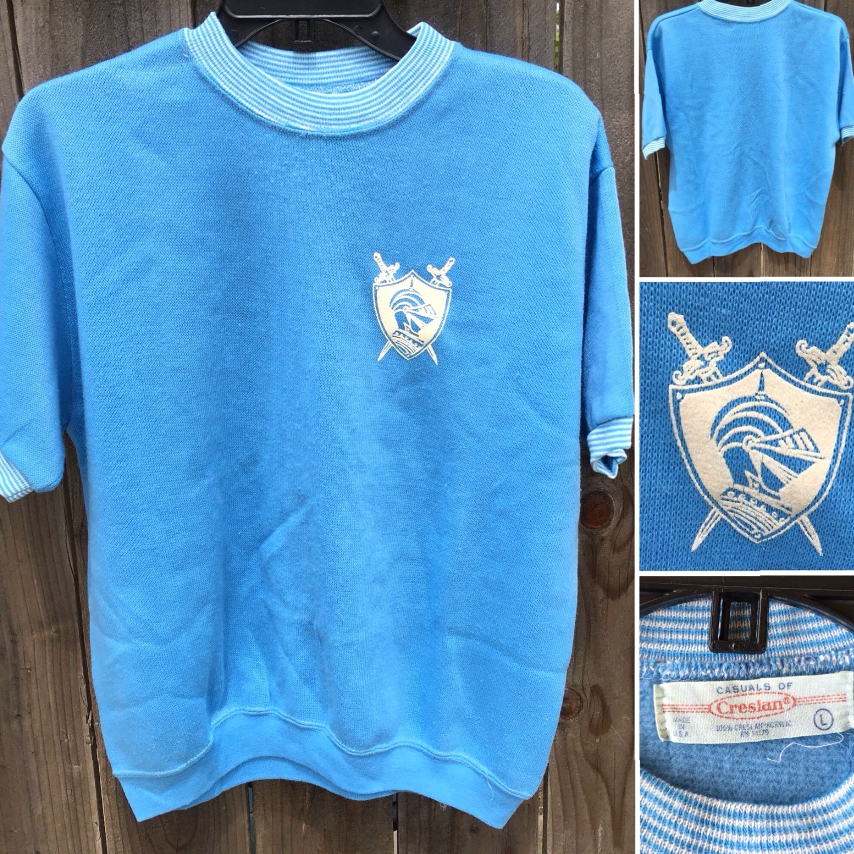 Vintage VINTAGE 1960s 1970s Creslan Acrylic Knit Short Sleeve Sweatshirt Knight Crest Rockabilly True Vintage Casuals Of Creslan L Blue Mens Shirt Size US L / EU 52-54 / 3 - 4 Thumbnail