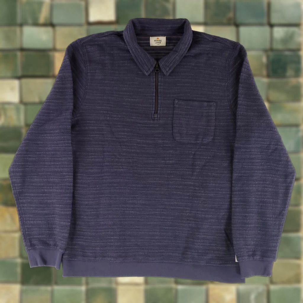Marine Layer Marine Layer Pullover Mens L Short Blue Textured Stripe 1/4 Zip Size US L / EU 52-54 / 3 - 1 Thumbnail