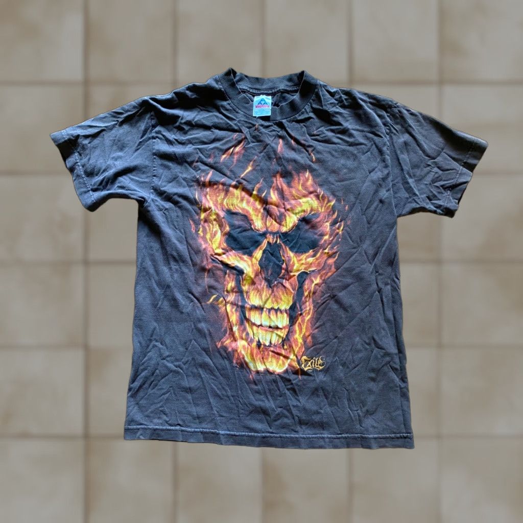 Vintage Exile Skull Mens T-Shirt Brown XL Crew Neck Short Sleeve Bald Flame Gothic Skeleton ODM Sz M Size US M / EU 48-50 / 2 - 1 Thumbnail