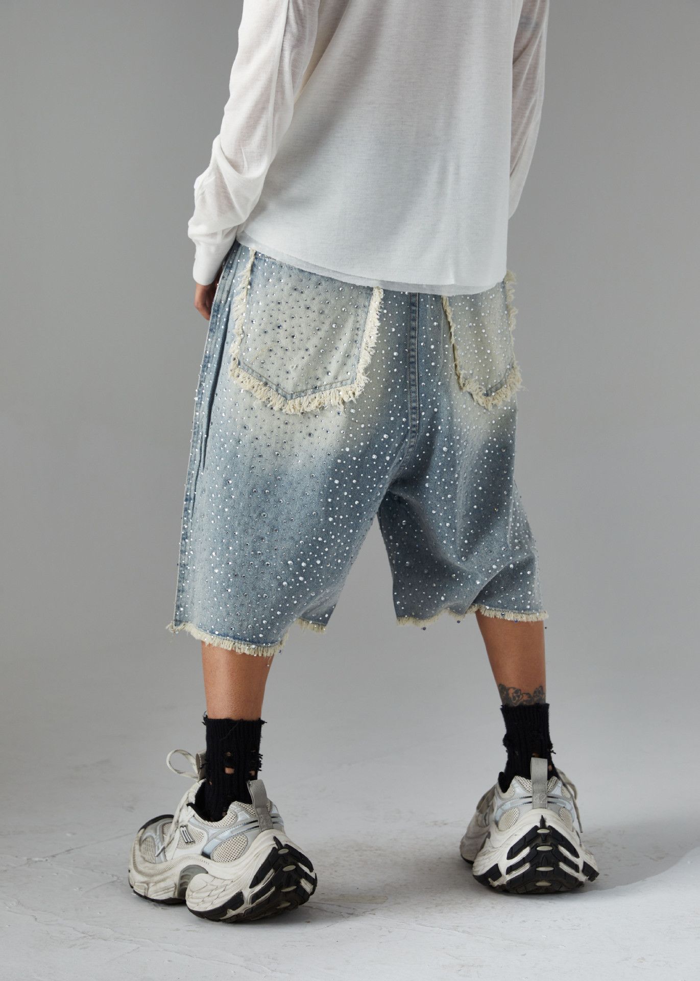 Jean Light Blue Rhinestone Embellished Jorts Size US 32 / EU 48 - 5 Thumbnail