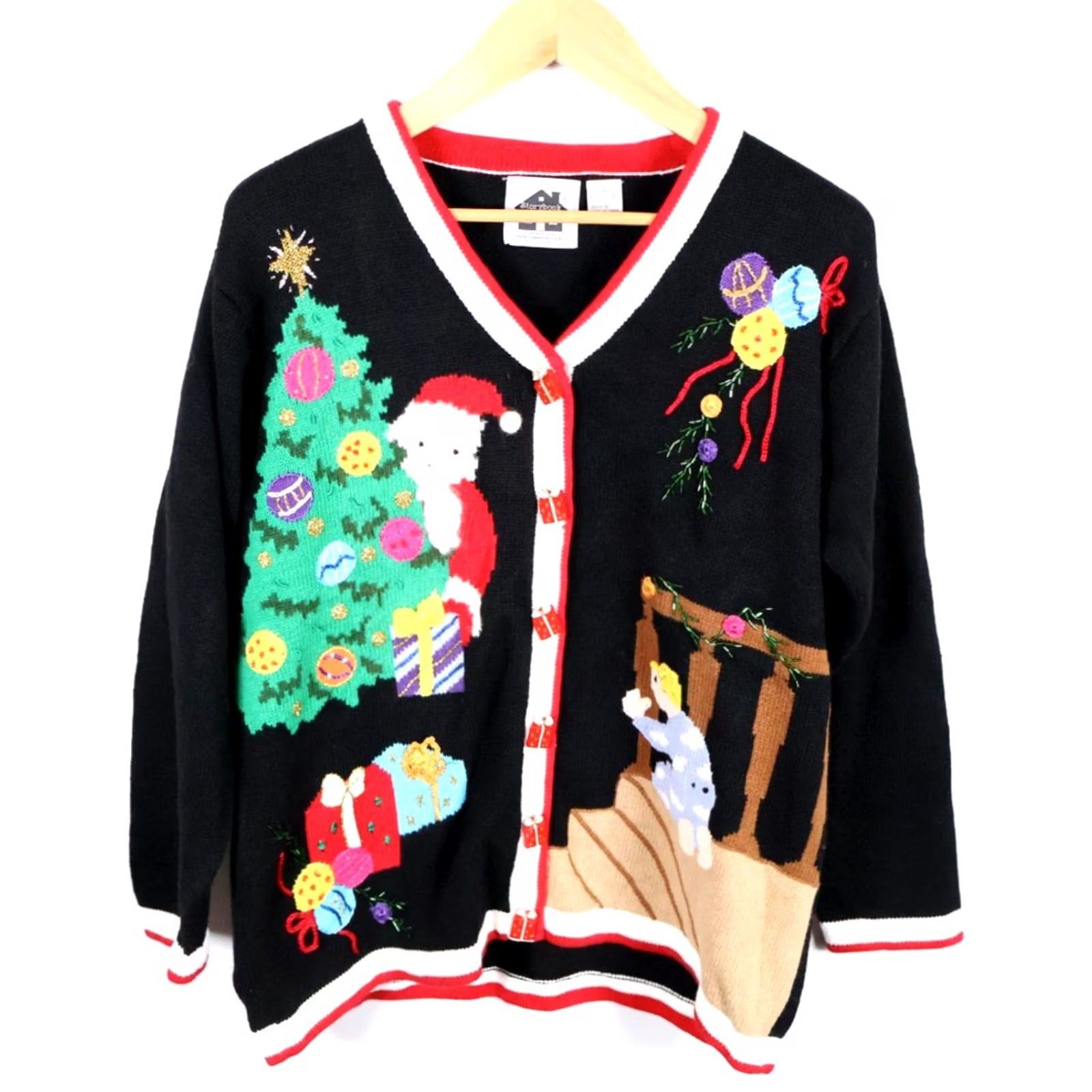 Vintage VINTAGE Storybook Knits Cardigan Sweater Women's Large Black Christmas 90s VTG Christmas motif chunky-knit Size L / US 10 / IT 46 - 2 Thumbnail