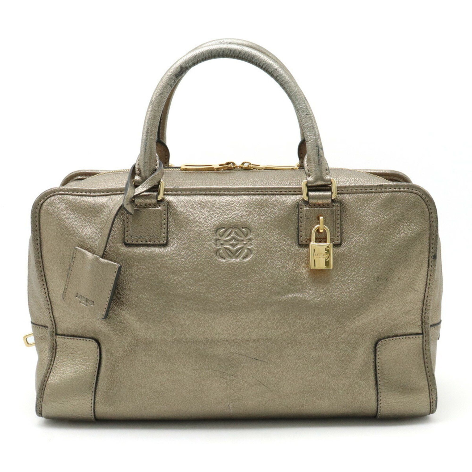 image of Loewe Amazona 35 Anagram Handbag Boston Bag Metallic Leather Gilver Silver Gold, Women's