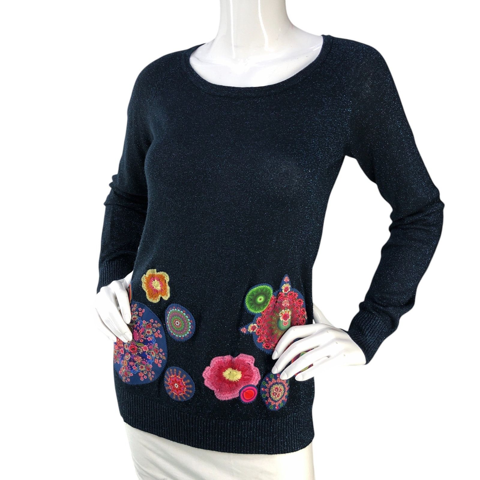 Desigual Desigual Size S Sweater Floral Embroidery Metallic Navy Blue Size S / US 4 / IT 40 - 1 Thumbnail