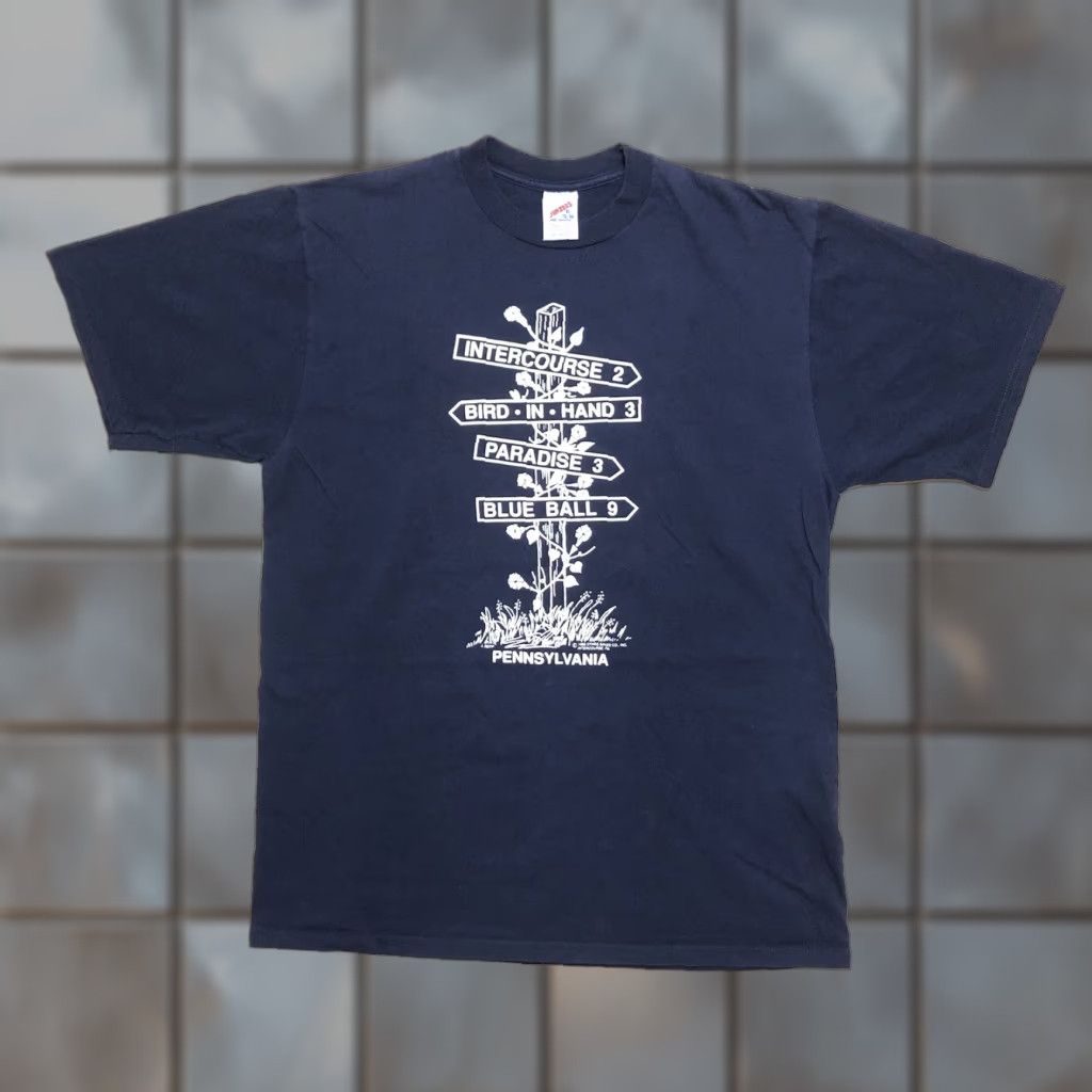 Jerzees VINTAGE Jerzees T-Shirt Intercourse Pennsylvania Navy Blue XL Mens Graphic 80s 90s USA Dynre Sales Co. Shirt Size US XL / EU 56 / 4 - 1 Thumbnail