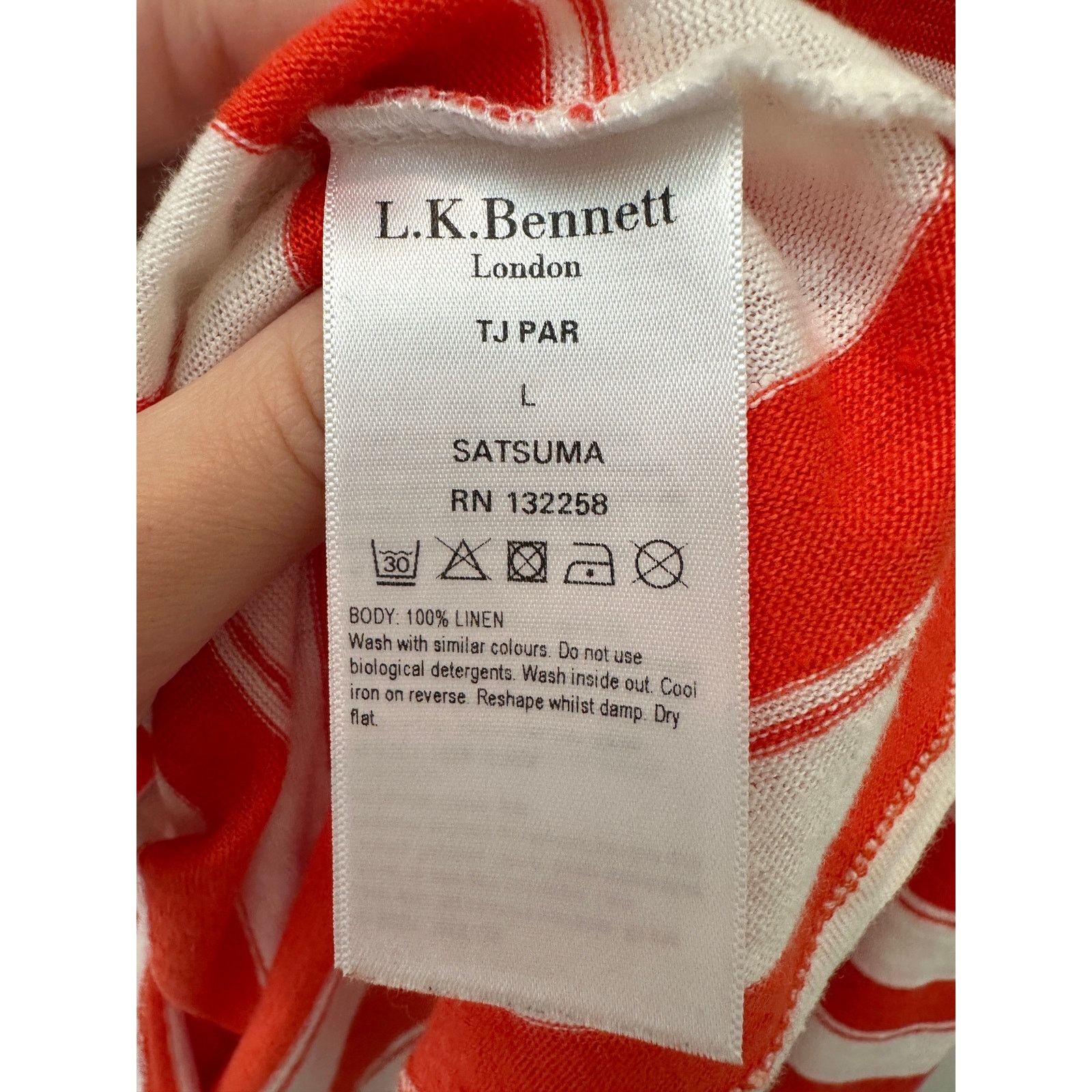 LK Bennett L.K.BENNETT | Orange White Striped Linen 3/4 Sleeve Top Size L / US 10 / IT 46 - 6 Thumbnail