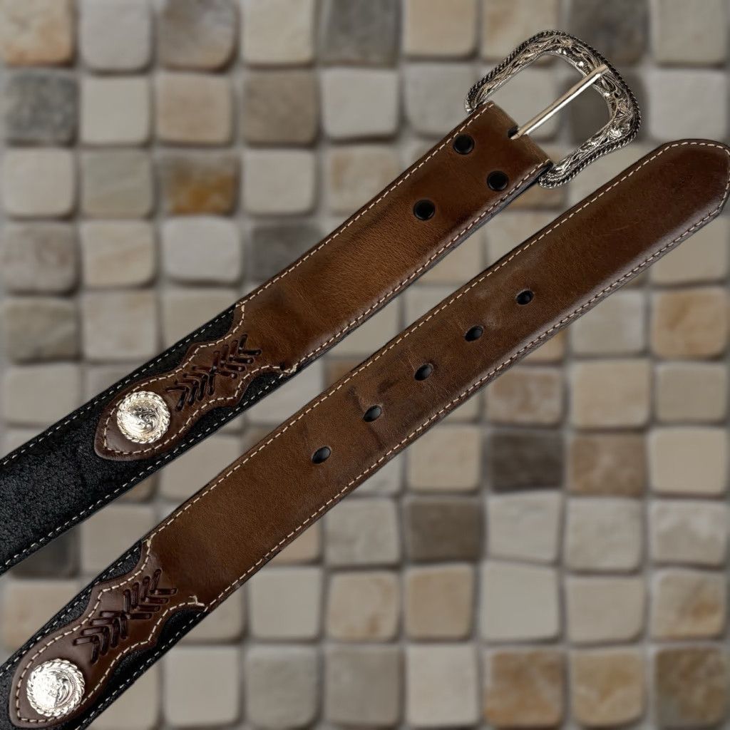 Vintage Nocona Belt Western Belt Mens Black 46 Concho Silver Cowboy Rodeo Size 46 - 1 Thumbnail