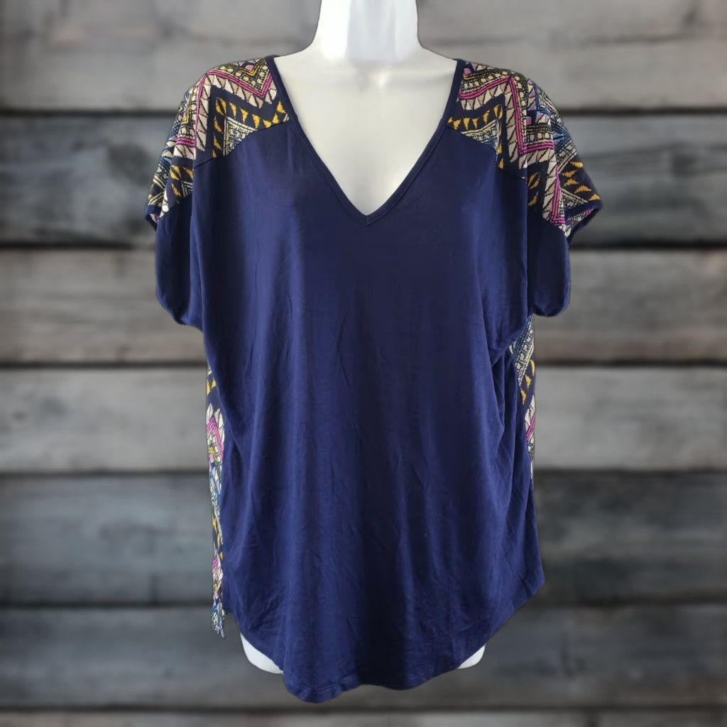 Vintage Pixley Womens Top Sz Medium Blue Pink Chevron Short Sleeve V-Neck Blouse Regular XS? No Size M / US 6-8 / IT 42-44 - 1 Thumbnail