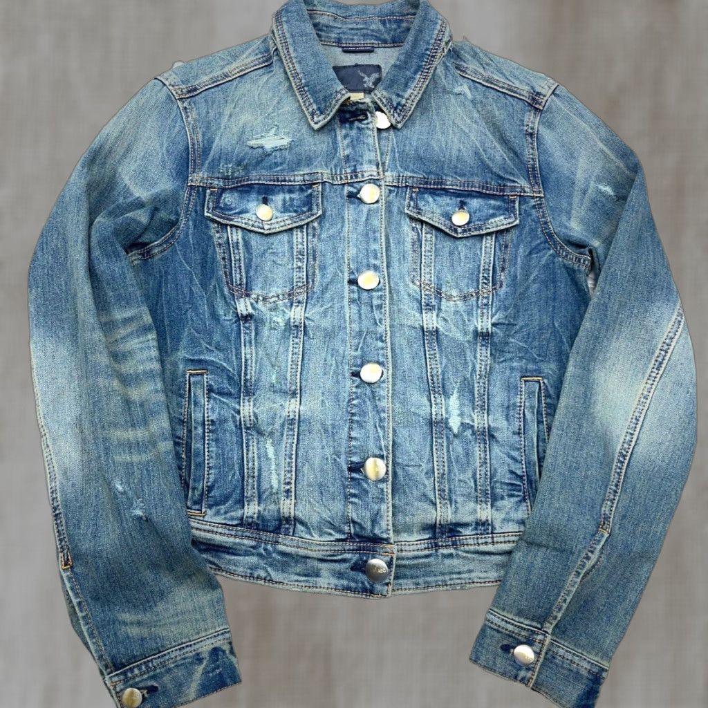 American Eagle Outfitters American Eagle Outfitters Denim Jacket Women L Blue Cropped Trucker Retro 80s 90s Biker Style Casual Size 36" / US 14 / IT 50 - 1 Thumbnail
