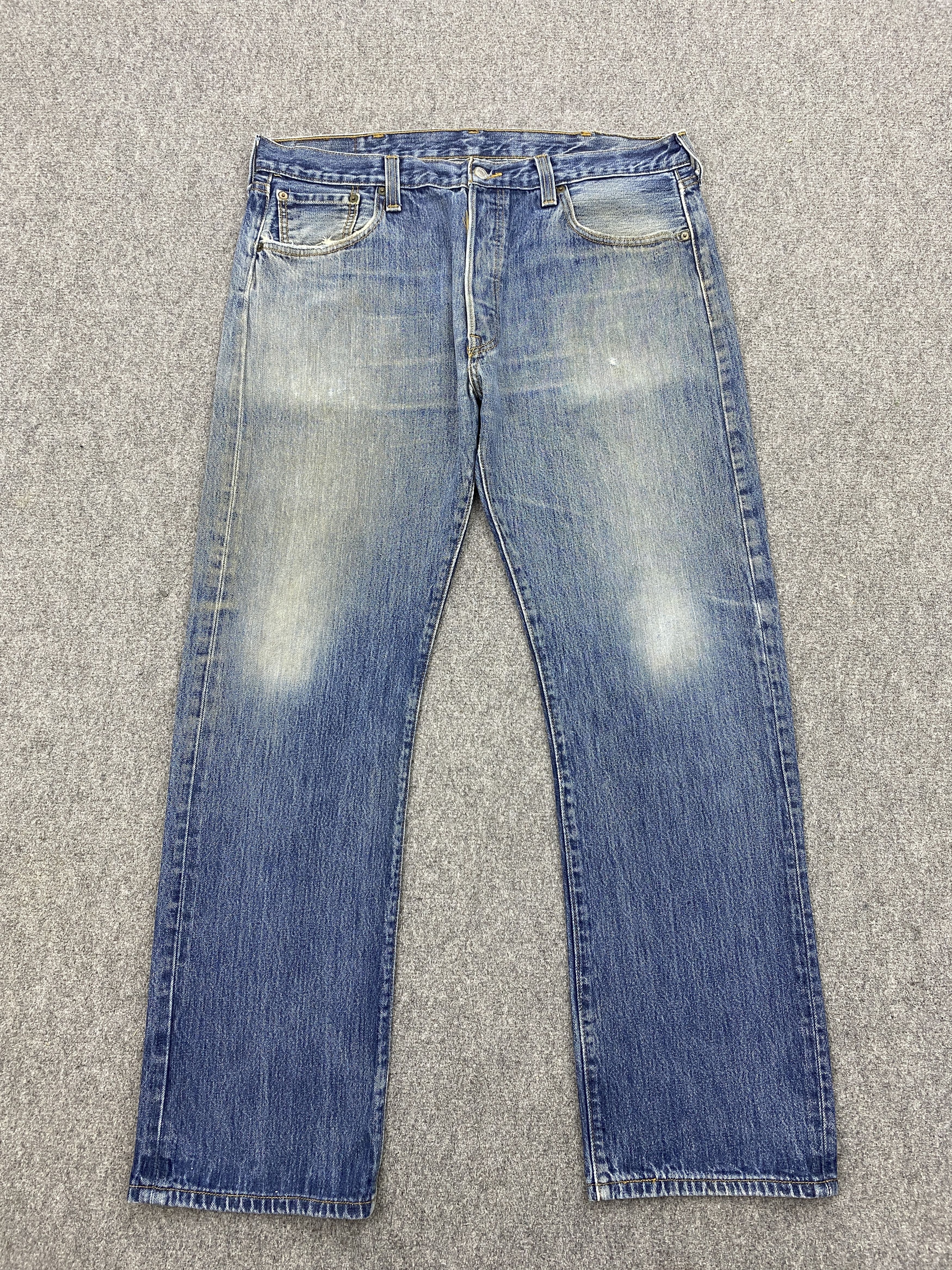 image of Faded Blue Vintage Levis 501 Denim Jeans in Blue Denim, Men's (Size 37)