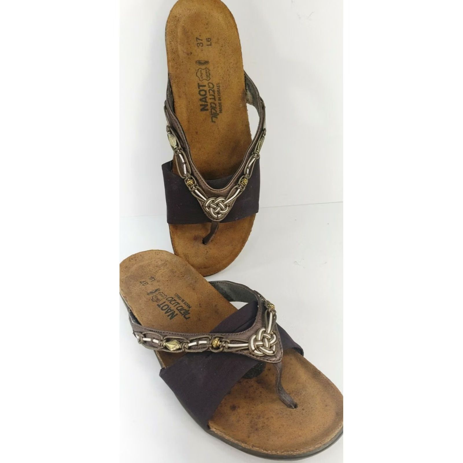 Vintage Naot Jennifer Women's 6M 37E Brown Bronze Beading Leather Rope On Straps Flip Flop Thong Sandals Size US 6 / IT 36 - 3 Thumbnail