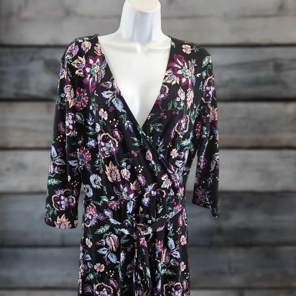 Vintage Leota Dress Womens Sz Large Black Purple Floral 3/4 Sleeve V-Neck Belted Size L / US 10 / IT 46 - 1 Thumbnail