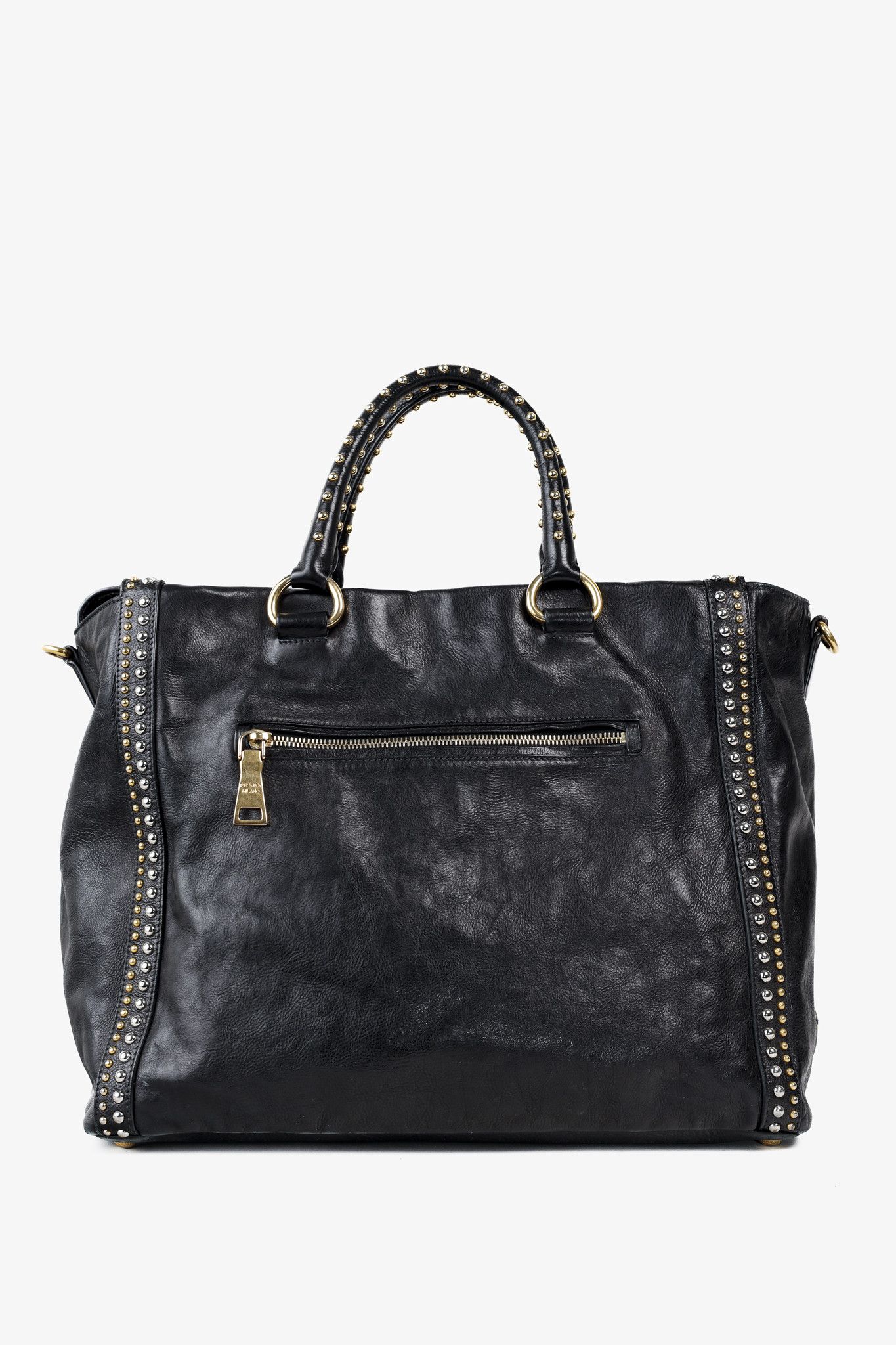 Prada Prada Craquele Nero Glace Calf Leather Studded Shopper Tote Size ONE SIZE - 4 Thumbnail