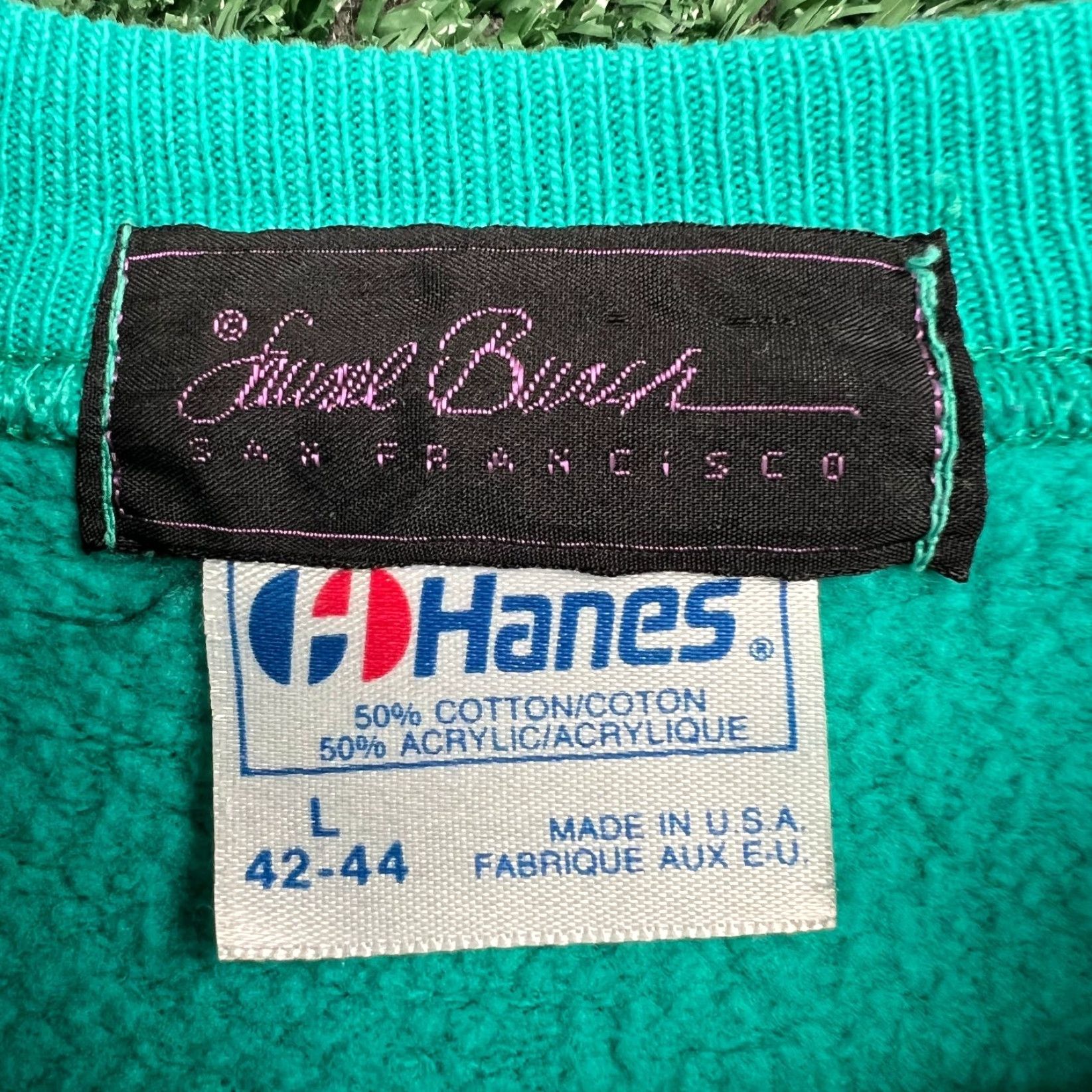 Hanes VINTAGE Laurel Burch Rising Sun Face Art Abstract Raglan Sweatshirt Men L Teal 80s Size US L / EU 52-54 / 3 - 4 Thumbnail