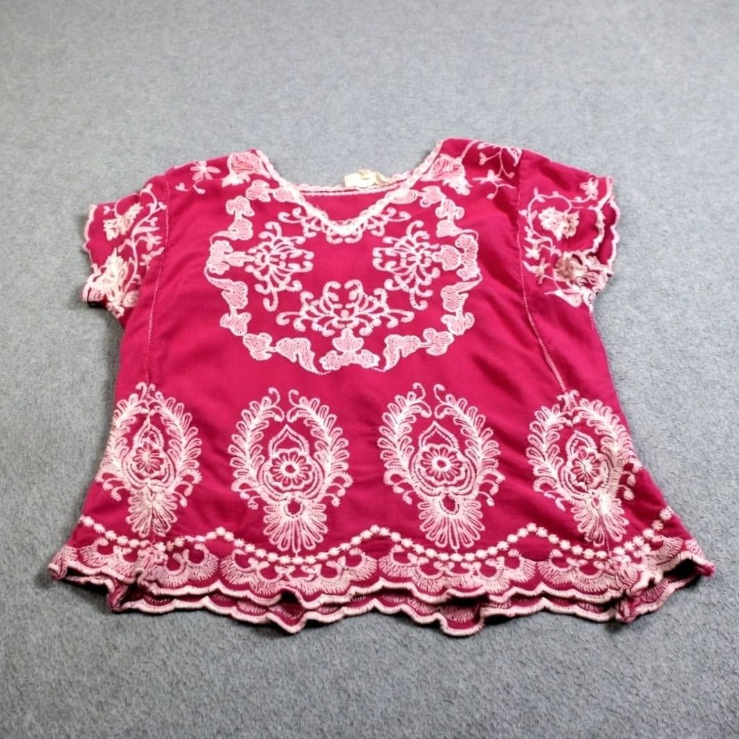 Pinko Solitaire Shirt Women L Pink Embroidered Boho Scallop Hem Floral Short Sleeve Size L / US 10 / IT 46 - 2 Thumbnail