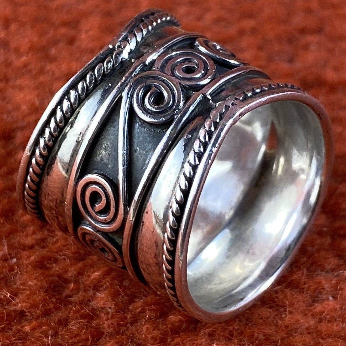 Japanese Brand × Kapital × Vintage Vtg Sterling Silver Wide Cigar Band Scrolled Trim Ring Size ONE SIZE - 4 Thumbnail
