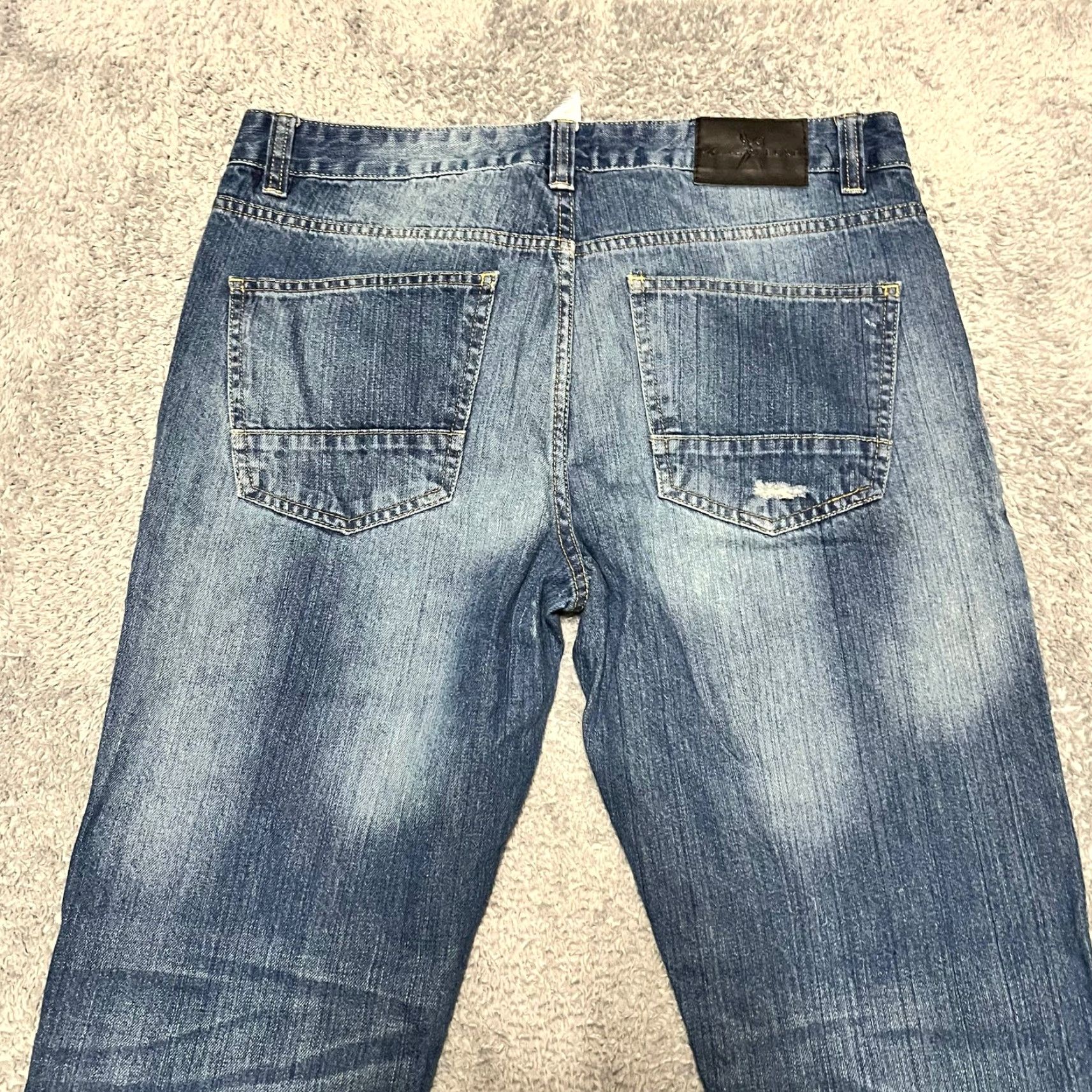 Denime Marc Ecko Cut & Sew Denim Jeans Mens 32 x 32 Slim Tapered Distressed Whiskering Blue 32 Mens Straight Jeans Size US 32 / EU 48 - 4 Thumbnail